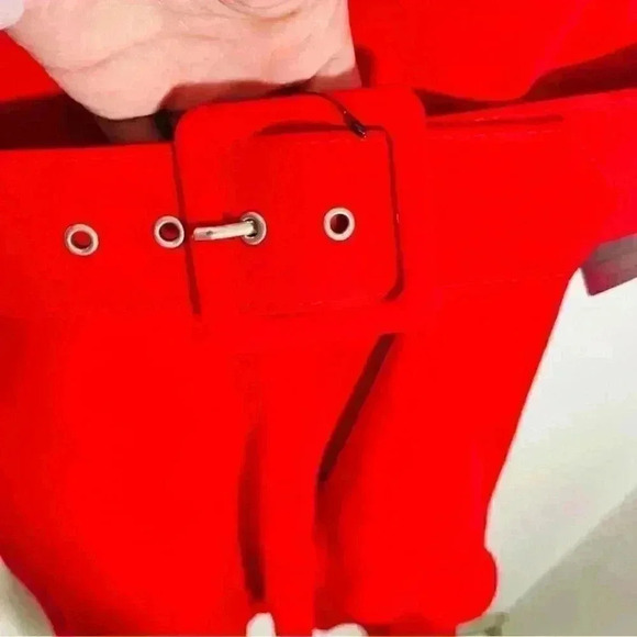 NWT Maggy London Crepe Arc Shoulder Cascade Skirt Belted Fit & Flare Midi Dress - Picture 8 of 9